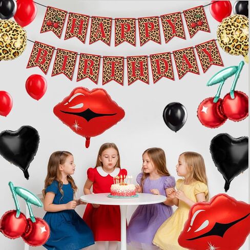 Cheetah and Cherry Birthday Decorations, Banner with Black Red Balloons, Cherry, Red Lips, Leopard Print and Black Heart Foil Balloons, Birthday Party Decor Sulpplies for Girls Women in Saudi Arabia