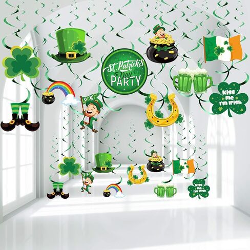 30 Pieces St. Patrick's Day Hanging Decorations Green Lucky Irish Shamrock Clover Leprechaun Horseshoe Sign Foil Swirls Ceiling Decor for Saint Patrick Party Lucky Day Home Party Favors Supplies in Saudi Arabia