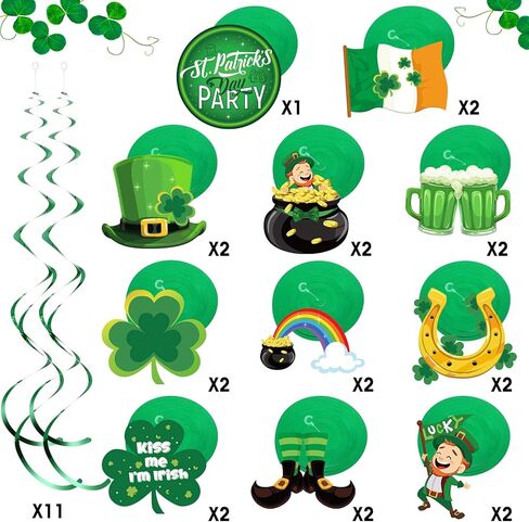 30 Pieces St. Patrick's Day Hanging Decorations Green Lucky Irish Shamrock Clover Leprechaun Horseshoe Sign Foil Swirls Ceiling Decor for Saint Patrick Party Lucky Day Home Party Favors Supplies in Saudi Arabia