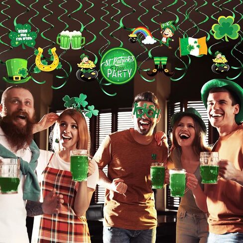 30 Pieces St. Patrick's Day Hanging Decorations Green Lucky Irish Shamrock Clover Leprechaun Horseshoe Sign Foil Swirls Ceiling Decor for Saint Patrick Party Lucky Day Home Party Favors Supplies in Saudi Arabia