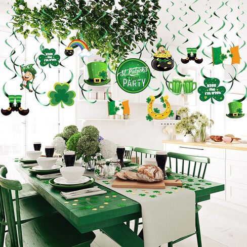 30 Pieces St. Patrick's Day Hanging Decorations Green Lucky Irish Shamrock Clover Leprechaun Horseshoe Sign Foil Swirls Ceiling Decor for Saint Patrick Party Lucky Day Home Party Favors Supplies in Saudi Arabia