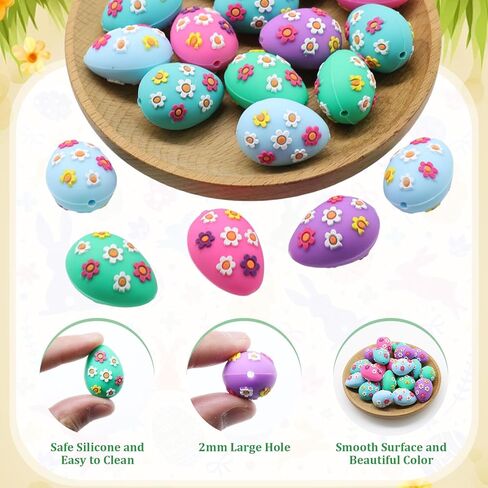 Decoendiy 20Pcs Easter Silicone Focal Beads for Pen,3D Egg Shaped Silicone Round Rubber Spacer Beads with Daisy Bulk for Keychain Making Bracelet Necklace Handmade Crafts in Saudi Arabia