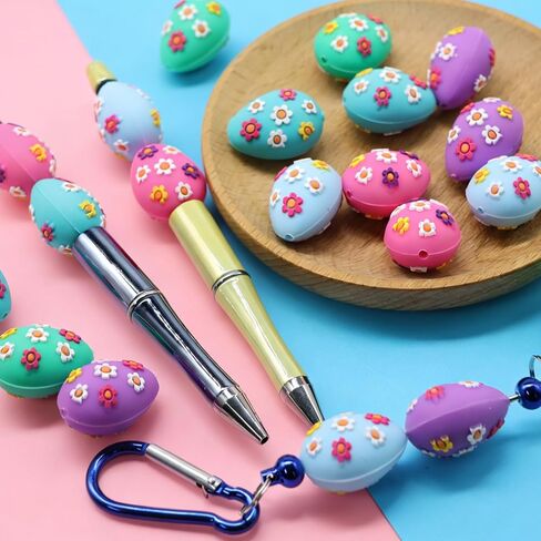 Decoendiy 20Pcs Easter Silicone Focal Beads for Pen,3D Egg Shaped Silicone Round Rubber Spacer Beads with Daisy Bulk for Keychain Making Bracelet Necklace Handmade Crafts in Saudi Arabia
