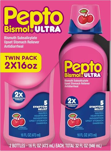 Pepto Bismol Liquid Ultra for Nausea, Heartburn, Indigestion, Upset Stomach, and Diarrhea - 5 Symptom Fast Relief, Cherry Flavor 12 oz (Pack of 3) in Kuwait