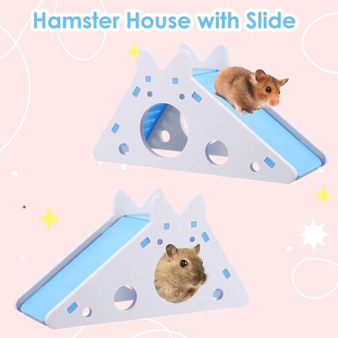 TIESOME Hamster House with Ladder and Slide, Wooden Hamster Play Toys Hideout Hut Gerbil Rat Hideaway Small Animal Activity Toy DIY Hamsters Cage Accessories for Small Pets(Blue) in Saudi Arabia
