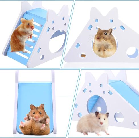 TIESOME Hamster House with Ladder and Slide, Wooden Hamster Play Toys Hideout Hut Gerbil Rat Hideaway Small Animal Activity Toy DIY Hamsters Cage Accessories for Small Pets(Blue) in Saudi Arabia