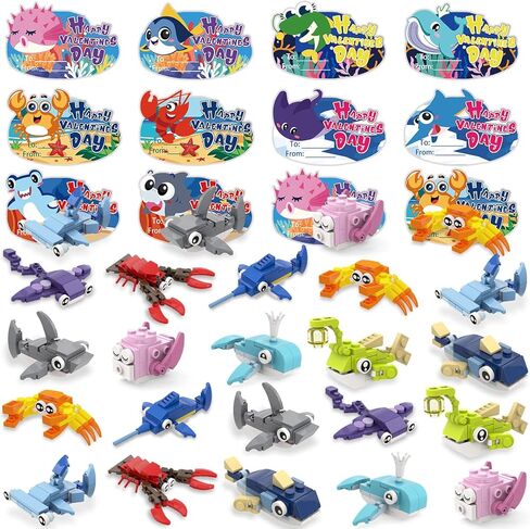30pcs Valentines Building Blocks, Valentine's Day Gifts Toys for Kids Marine Animals Building Toys with Cards for Boy Girl Classroom School Gifts Exchange Prizes Valentine Party Favors in Saudi Arabia