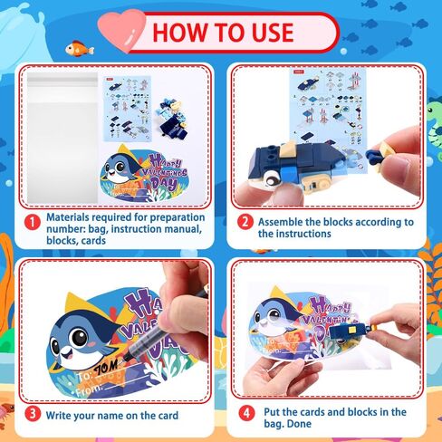 30pcs Valentines Building Blocks, Valentine's Day Gifts Toys for Kids Marine Animals Building Toys with Cards for Boy Girl Classroom School Gifts Exchange Prizes Valentine Party Favors in Saudi Arabia