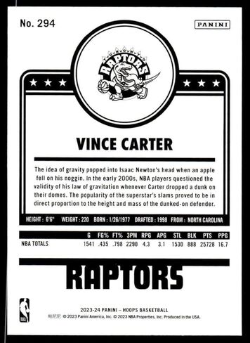 2023-24 Hoops #294 Vince Carter Toronto Raptors NBA Basketball Trading Card in Saudi Arabia