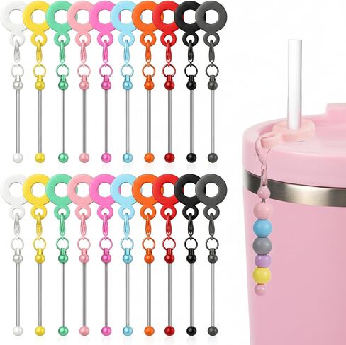 20 Pcs Beadable Tumbler Straw Charm Adapters Beaded Cup Charm Blank Bar Straw DIY Beaded Silicone Pendant Ornament for Tumbler Decorations Cup Accessories in Saudi Arabia