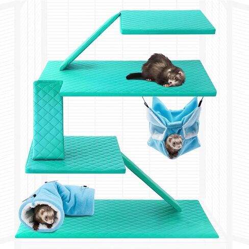 9 Pcs Ferret Cage Liner Set with Hammock and Tunnels Washable Guinea Pig Rat Ferret Pads Bedding Cage Accessories Kit for Small Animals Hamster Rats Chinchillas Hedgehogs Guinea, Blue in Saudi Arabia
