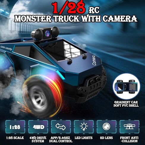 1:28 Scale FPV Monster Truck RC Cars with 720P HD Camera, 2.4GHz Remote Control Car, All-Terrain Off-Road RC Truck with Body Light, 2 Rechargeable Batteries, Toy Gift for Kids Adults Boys in Saudi Arabia