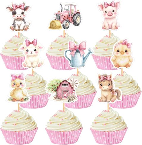 36 Pcs Pink Floral Farm Animal Cupcake Toppers Pink Cute Farm Animal Birthday Cupcake Toppers Picks Bulk for Birthday Theme Baby Shower Barnyard Party Supplies in Kuwait