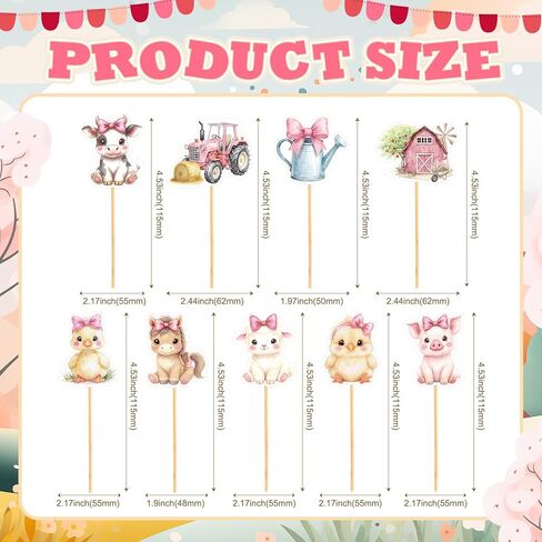 36 Pcs Pink Floral Farm Animal Cupcake Toppers Pink Cute Farm Animal Birthday Cupcake Toppers Picks Bulk for Birthday Theme Baby Shower Barnyard Party Supplies in Kuwait