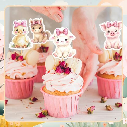 36 Pcs Pink Floral Farm Animal Cupcake Toppers Pink Cute Farm Animal Birthday Cupcake Toppers Picks Bulk for Birthday Theme Baby Shower Barnyard Party Supplies in Kuwait
