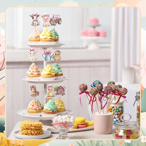 36 Pcs Pink Floral Farm Animal Cupcake Toppers Pink Cute Farm Animal Birthday Cupcake Toppers Picks Bulk for Birthday Theme Baby Shower Barnyard Party Supplies in Kuwait
