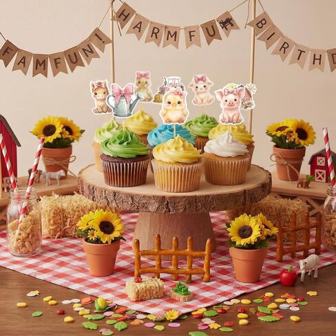 36 Pcs Pink Floral Farm Animal Cupcake Toppers Pink Cute Farm Animal Birthday Cupcake Toppers Picks Bulk for Birthday Theme Baby Shower Barnyard Party Supplies in Kuwait