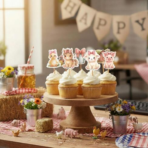 36 Pcs Pink Floral Farm Animal Cupcake Toppers Pink Cute Farm Animal Birthday Cupcake Toppers Picks Bulk for Birthday Theme Baby Shower Barnyard Party Supplies in Kuwait