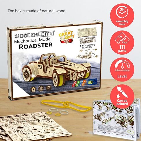 ألغاز خشبية ثلاثية الأبعاد من WOODEN.CITY Roadster للبالغين - قم ببناء سيارة رودستر الخاصة بك باستخدام محرك مطاطي - نموذج التجميع الذاتي، هدية DIY - نموذج خشبي ثلاثي الأبعاد مقطوع بالليزر للعرض وديكور المنزل in Saudi Arabia
