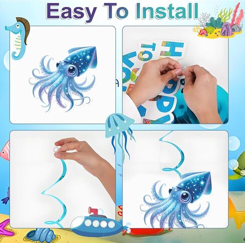 Sea Animals Birthday Decorations, Fish Hanging Swirls Deco for Under The Sea, Ocean Theme Party Supplies & Party Decorations Streamers, Kids Marine Life Party Decor in Kuwait