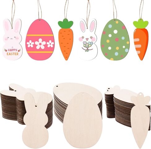 AWIZOM 72 Pcs Easter WoodeCutouts Unfinished Wooden Bunny Carrot Egg Ornaments Blank Wooden Easter Cutouts to Paint Wood Spring Slices with Twine for DIY Crafts Tags Spring Hanging Decoration in Saudi Arabia