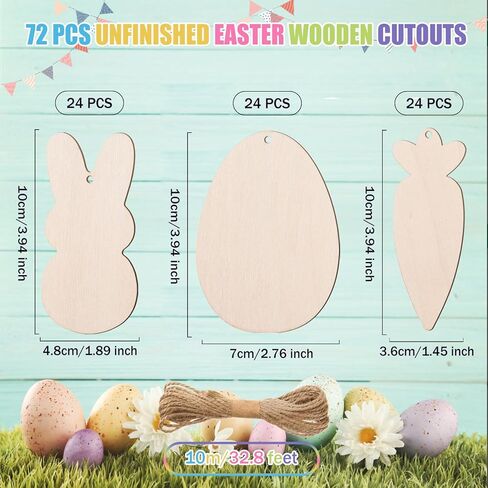 AWIZOM 72 Pcs Easter WoodeCutouts Unfinished Wooden Bunny Carrot Egg Ornaments Blank Wooden Easter Cutouts to Paint Wood Spring Slices with Twine for DIY Crafts Tags Spring Hanging Decoration in Saudi Arabia