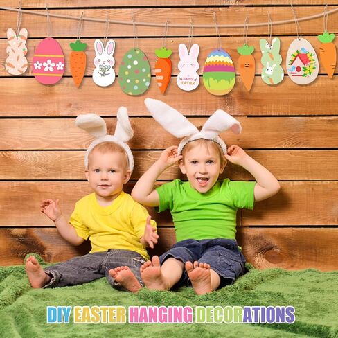 AWIZOM 72 Pcs Easter WoodeCutouts Unfinished Wooden Bunny Carrot Egg Ornaments Blank Wooden Easter Cutouts to Paint Wood Spring Slices with Twine for DIY Crafts Tags Spring Hanging Decoration in Saudi Arabia