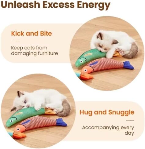 Fat Cat Properties Interactive Cat Fish Toys with Catnip and Rattle, 3 Pack Plush Kicker Toys in Gold, Red, Green Colors, Durable Soft Bite and Play for Indoor Cats and Kittens in Saudi Arabia