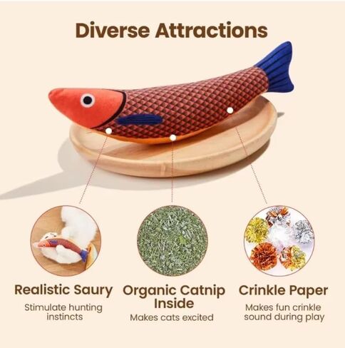 Fat Cat Properties Interactive Cat Fish Toys with Catnip and Rattle, 3 Pack Plush Kicker Toys in Gold, Red, Green Colors, Durable Soft Bite and Play for Indoor Cats and Kittens in Saudi Arabia