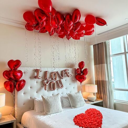 Valentines Day Balloons Decorations Heart Balloons Kit Rose Petals Flower Decoration Balloon banner for Valentine Party Decorations Anniversary Day Wedding Romantic Decorations Special Night in Saudi Arabia