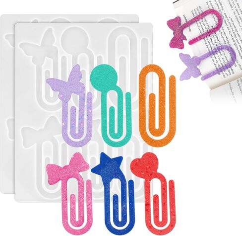 قطعتان من قالب الإشارة المرجعية من الراتنج، مشابك ورق ضخمة من قوالب السيليكون للراتنج، صب فراشة نجمة على شكل قلب وقوس دائري الشكل للأشعة فوق البنفسجية، قالب إيبوكسي للأشعة فوق البنفسجية، مكتب المدرسة، المنزل، لوازم الحرف اليدوية، هدايا لمحبي الكتب in Kuwait