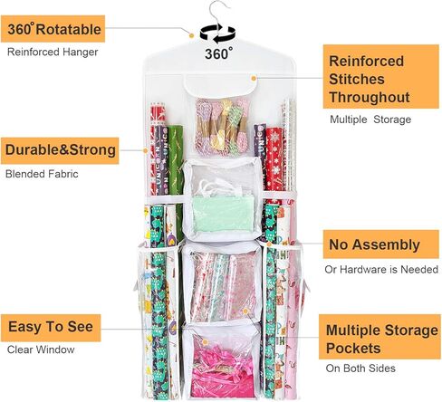 SumDirect Double-Sided Gift Wrap Organizer - White Hanging Wrapping Paper Gift Bag Storage Holder Pockets in Saudi Arabia