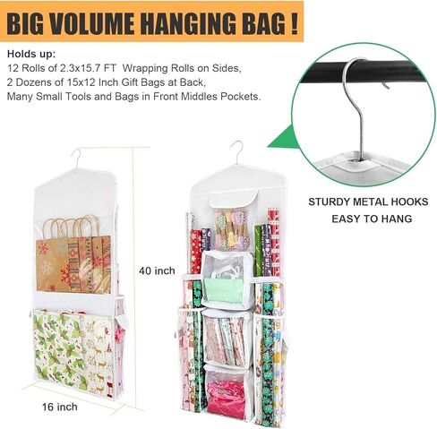 SumDirect Double-Sided Gift Wrap Organizer - White Hanging Wrapping Paper Gift Bag Storage Holder Pockets in Saudi Arabia