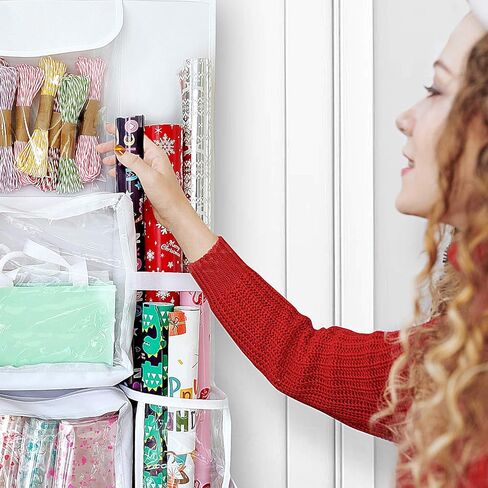 SumDirect Double-Sided Gift Wrap Organizer - White Hanging Wrapping Paper Gift Bag Storage Holder Pockets in Saudi Arabia
