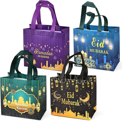 Aviski 4PCS Eid Mubarak Reusable Gift Bags, Treat Bags with Handles, Ramadan Mubarak Party Bags, Multifunctional Non-Woven Eid Bags for Gifts Wrapping, Ramadan Kareem Party Supplies, 9.2"×8.7"×4.3" in Saudi Arabia