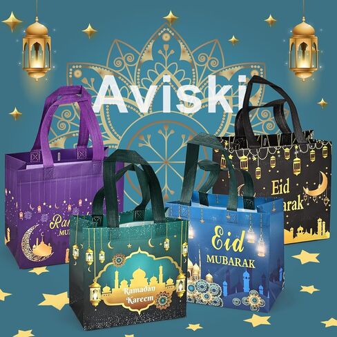 Aviski 4PCS Eid Mubarak Reusable Gift Bags, Treat Bags with Handles, Ramadan Mubarak Party Bags, Multifunctional Non-Woven Eid Bags for Gifts Wrapping, Ramadan Kareem Party Supplies, 9.2"×8.7"×4.3" in Saudi Arabia