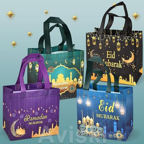 Aviski 4PCS Eid Mubarak Reusable Gift Bags, Treat Bags with Handles, Ramadan Mubarak Party Bags, Multifunctional Non-Woven Eid Bags for Gifts Wrapping, Ramadan Kareem Party Supplies, 9.2"×8.7"×4.3" in Saudi Arabia