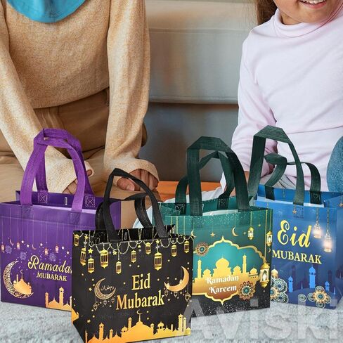 Aviski 4PCS Eid Mubarak Reusable Gift Bags, Treat Bags with Handles, Ramadan Mubarak Party Bags, Multifunctional Non-Woven Eid Bags for Gifts Wrapping, Ramadan Kareem Party Supplies, 9.2"×8.7"×4.3" in Saudi Arabia