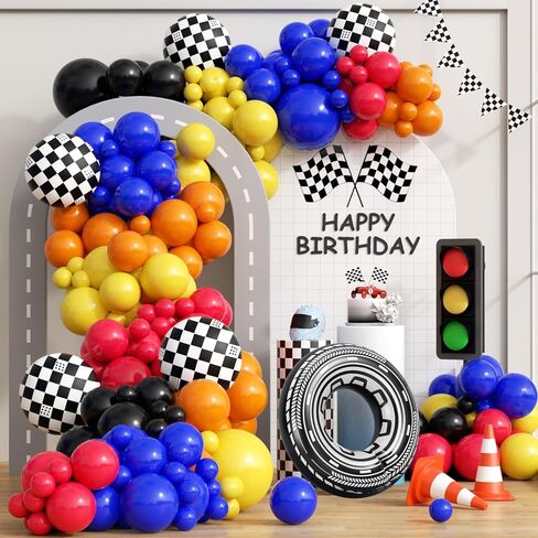 132pcs Race Car Balloon Arch Kit, Race Car Party Decorations with Black Blue Yellow Red Orange Balloons Checkered Wheels Foil Balloons for One Two Fast Race Car Birthday Party Decorations in Saudi Arabia