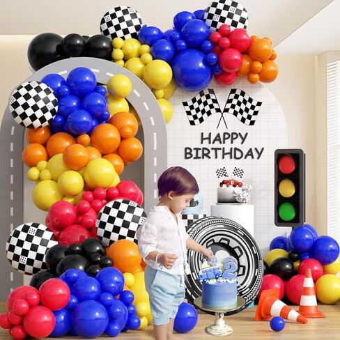 132pcs Race Car Balloon Arch Kit, Race Car Party Decorations with Black Blue Yellow Red Orange Balloons Checkered Wheels Foil Balloons for One Two Fast Race Car Birthday Party Decorations in Saudi Arabia