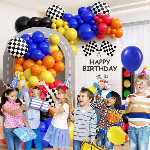 132pcs Race Car Balloon Arch Kit, Race Car Party Decorations with Black Blue Yellow Red Orange Balloons Checkered Wheels Foil Balloons for One Two Fast Race Car Birthday Party Decorations in Saudi Arabia