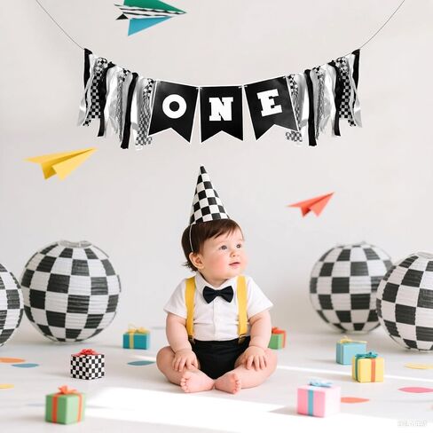 لافتة كرسي مرتفع رقم واحد للسباق، زينة عيد ميلاد سريعة للأولاد، لافتة كرسي مرتفع لسباق السيارات زينة عيد الميلاد الأول للصبي، إكليل السباق مع أعلام مربعة باللونين الأسود والأبيض in Kuwait