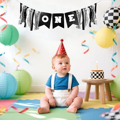 لافتة كرسي مرتفع رقم واحد للسباق، زينة عيد ميلاد سريعة للأولاد، لافتة كرسي مرتفع لسباق السيارات زينة عيد الميلاد الأول للصبي، إكليل السباق مع أعلام مربعة باللونين الأسود والأبيض in Kuwait