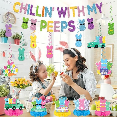 ديكورات حفلات عيد الفصح، بريق تشيلين مع دوامات راية بيبس، ديكورات بيبس قطع مركزية على شكل قرص العسل، لافتة عيد الفصح الملونة على شكل أرنب لمكتب الفصل الدراسي والمنزل والربيع ومستلزمات حفلات عيد الفصح in Kuwait