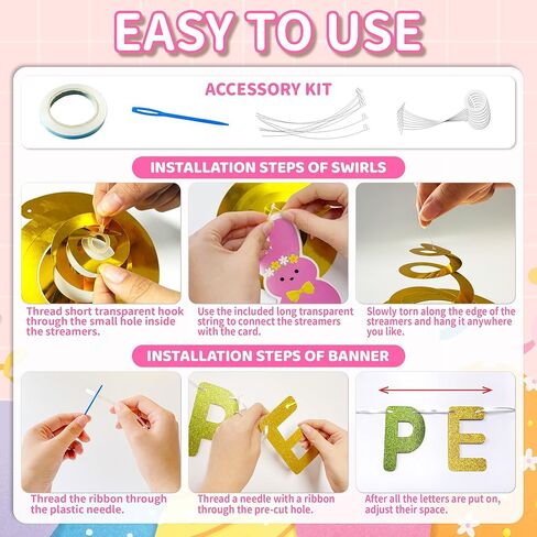 ديكورات حفلات عيد الفصح، بريق تشيلين مع دوامات راية بيبس، ديكورات بيبس قطع مركزية على شكل قرص العسل، لافتة عيد الفصح الملونة على شكل أرنب لمكتب الفصل الدراسي والمنزل والربيع ومستلزمات حفلات عيد الفصح in Kuwait