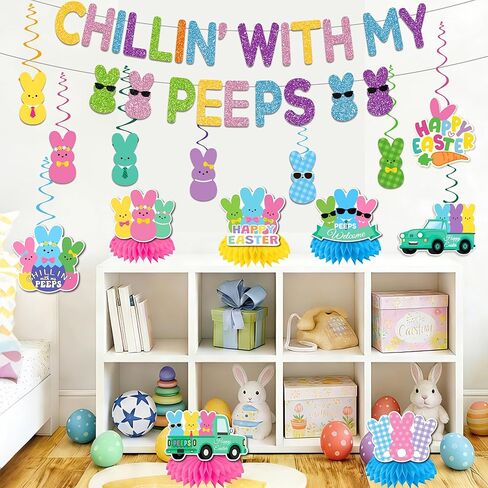 ديكورات حفلات عيد الفصح، بريق تشيلين مع دوامات راية بيبس، ديكورات بيبس قطع مركزية على شكل قرص العسل، لافتة عيد الفصح الملونة على شكل أرنب لمكتب الفصل الدراسي والمنزل والربيع ومستلزمات حفلات عيد الفصح in Kuwait