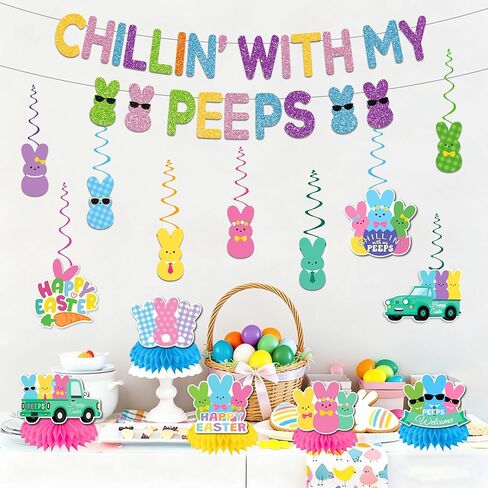 ديكورات حفلات عيد الفصح، بريق تشيلين مع دوامات راية بيبس، ديكورات بيبس قطع مركزية على شكل قرص العسل، لافتة عيد الفصح الملونة على شكل أرنب لمكتب الفصل الدراسي والمنزل والربيع ومستلزمات حفلات عيد الفصح in Kuwait