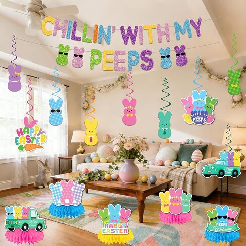 ديكورات حفلات عيد الفصح، بريق تشيلين مع دوامات راية بيبس، ديكورات بيبس قطع مركزية على شكل قرص العسل، لافتة عيد الفصح الملونة على شكل أرنب لمكتب الفصل الدراسي والمنزل والربيع ومستلزمات حفلات عيد الفصح in Kuwait