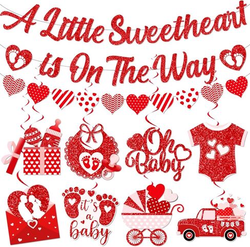 Valentines Baby Shower Decorations, A Little Sweetheart Is On The Way Banner and Red Baby Shower Decorations Hanging Swirls, Sweetheart Decorations for Valentines Day Baby Shower Party in Kuwait