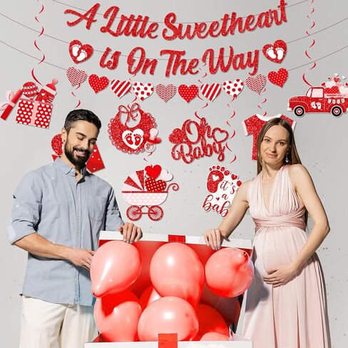 Valentines Baby Shower Decorations, A Little Sweetheart Is On The Way Banner and Red Baby Shower Decorations Hanging Swirls, Sweetheart Decorations for Valentines Day Baby Shower Party in Kuwait